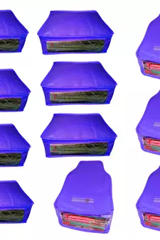 Atorakushon non wovan Fabric Combo Saree Cover Blouse Clothes Storage Bag Wardrobe Organiser Set of11 (Blue)
