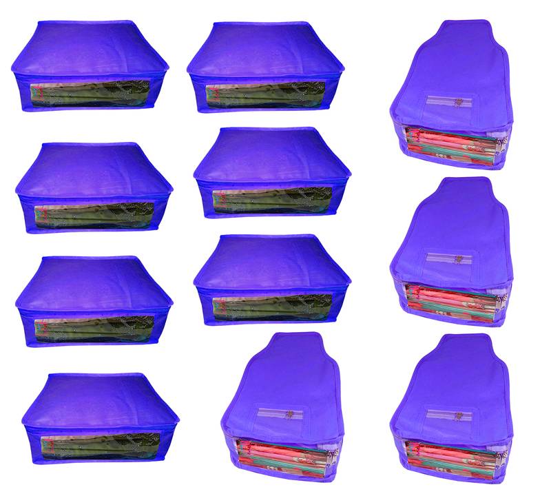 Atorakushon non wovan Fabric Combo Saree Cover Blouse Clothes Storage Bag Wardrobe Organiser Set of11 (Blue)