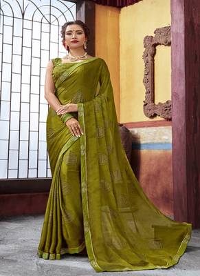   light green printed chiffon saree with blouse 1
