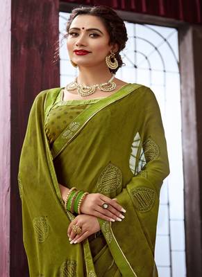   light green printed chiffon saree with blouse 2