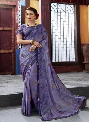   violet printed chiffon saree with blouse 1