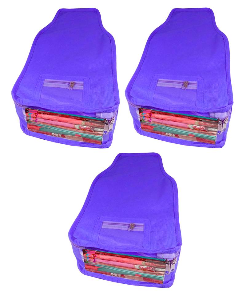 Atorakushon   Non woven Fabric Saree Cover Blouse Cover Garments Storage Bag Wardrobe Organiser Pack of 3 (Blue)