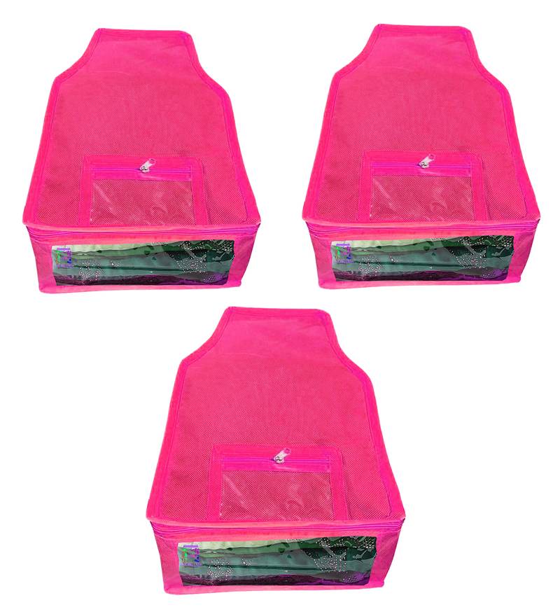 Atorakushon   Non woven  Fabric Saree Cover Blouse Cover Garments Storage Bag Wardrobe Organiser Pack of3 (Pink)