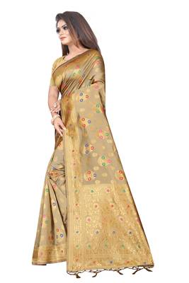 Beige woven art silk saree with blouse 2