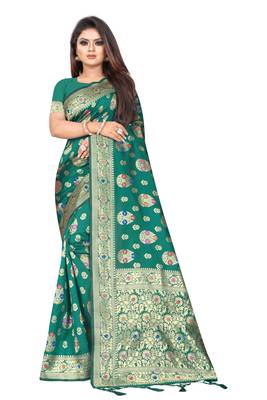 Green woven art silk saree with blouse 1