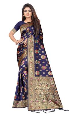 Navy blue woven art silk saree with blouse 1
