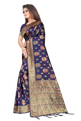 Navy blue woven art silk saree with blouse 2