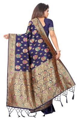 Navy blue woven art silk saree with blouse 3