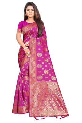 Pink woven art silk saree with blouse 1