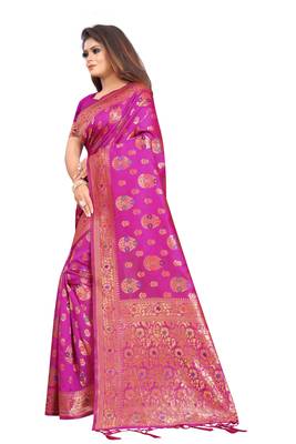Pink woven art silk saree with blouse 2