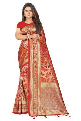 Red woven art silk saree with blouse 1