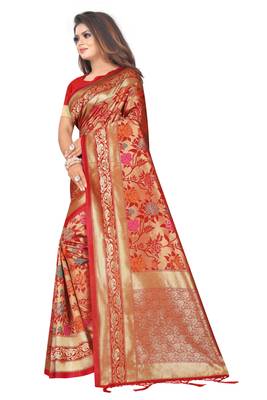 Red woven art silk saree with blouse 2