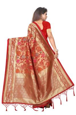 Red woven art silk saree with blouse 3