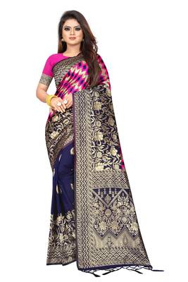 Navy blue woven art silk saree with blouse 1