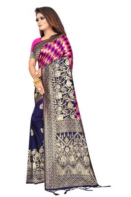 Navy blue woven art silk saree with blouse 2