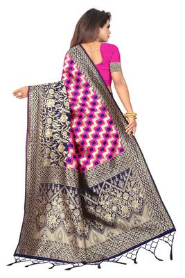 Navy blue woven art silk saree with blouse 3