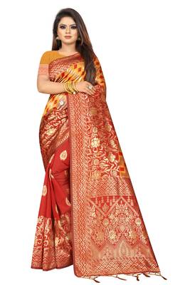 Orange woven art silk saree with blouse 1