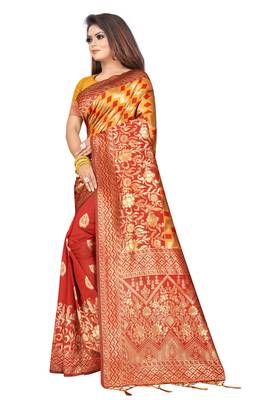 Orange woven art silk saree with blouse 2
