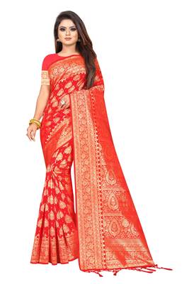 Red woven art silk saree with blouse 1