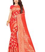 Red woven art silk saree with blouse