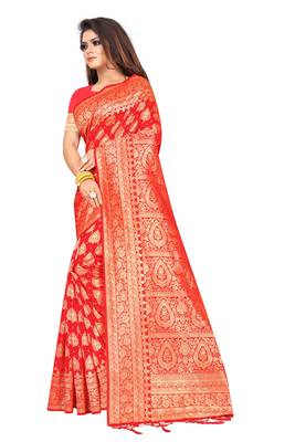 Red woven art silk saree with blouse 2