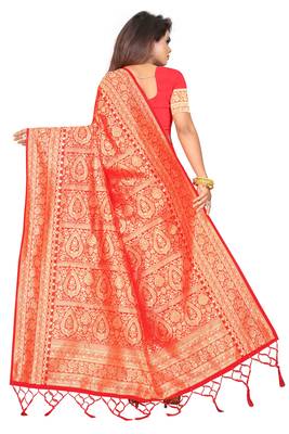 Red woven art silk saree with blouse 3