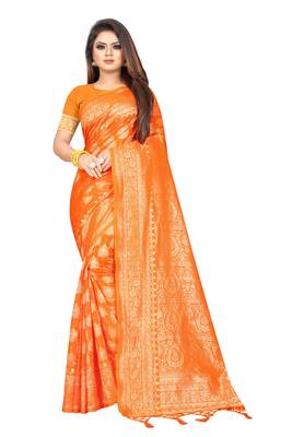 Yellow woven art silk saree with blouse 1