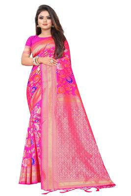 Pink woven art silk saree with blouse 1