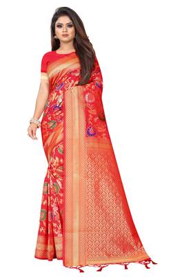Red woven art silk saree with blouse 1
