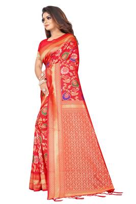 Red woven art silk saree with blouse 2