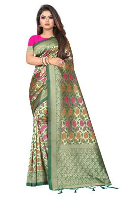 Green woven art silk saree with blouse 1