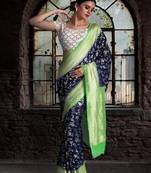 Navy Blue-Parrot Green Pure Chiffon Banarasi Silk Saree