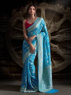 Sky Blue Pure Chiffon Banarasi Silk Saree 2