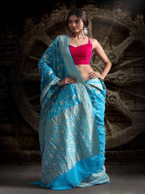 Sky Blue Pure Chiffon Banarasi Silk Saree 3