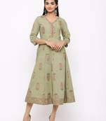 Women's  green Cotton Floral Printed Anarkali Kurta