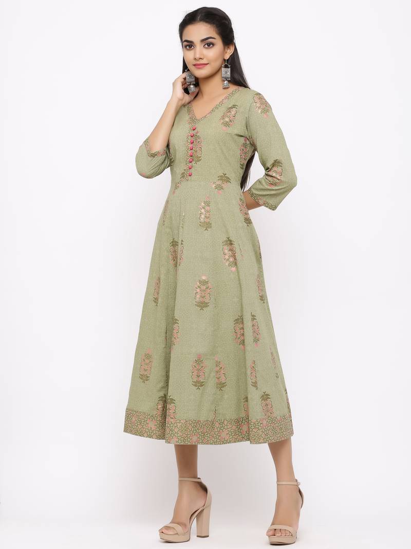 Women's  green Cotton Floral Printed Anarkali Kurta