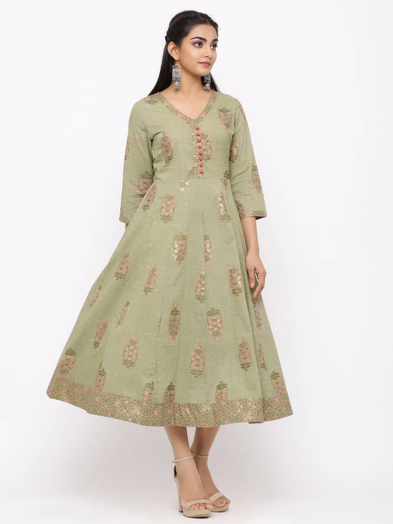 Women's  green Cotton Floral Printed Anarkali Kurta