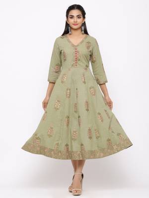 Women's  green Cotton Floral Printed Anarkali Kurta 4