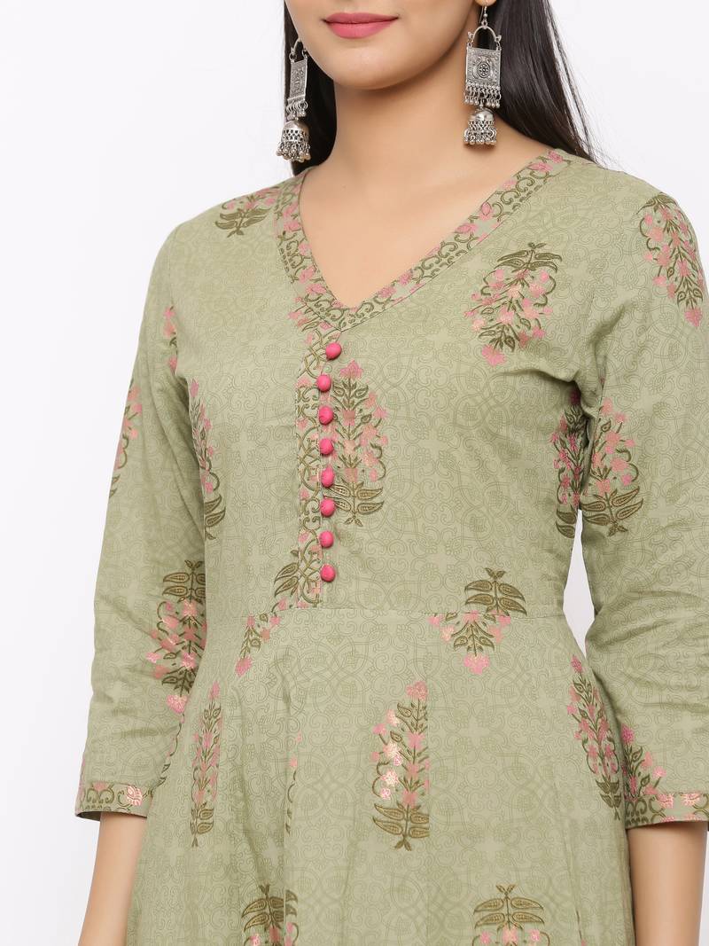 Women's  green Cotton Floral Printed Anarkali Kurta