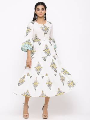 Women's  white Cotton Floral Printed Tired Kurta 1