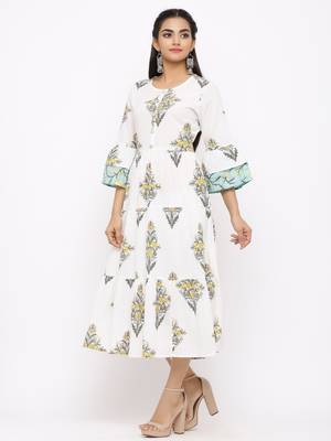 Women's  white Cotton Floral Printed Tired Kurta 2