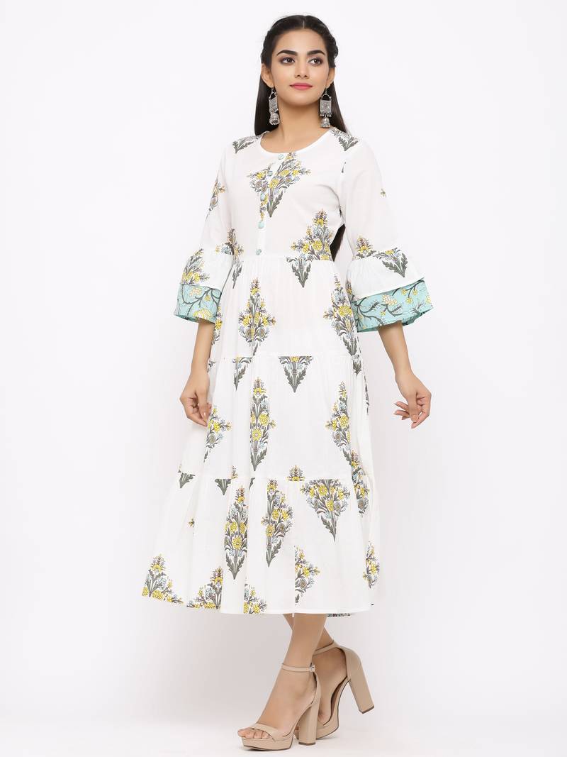 Women's  white Cotton Floral Printed Tired Kurta