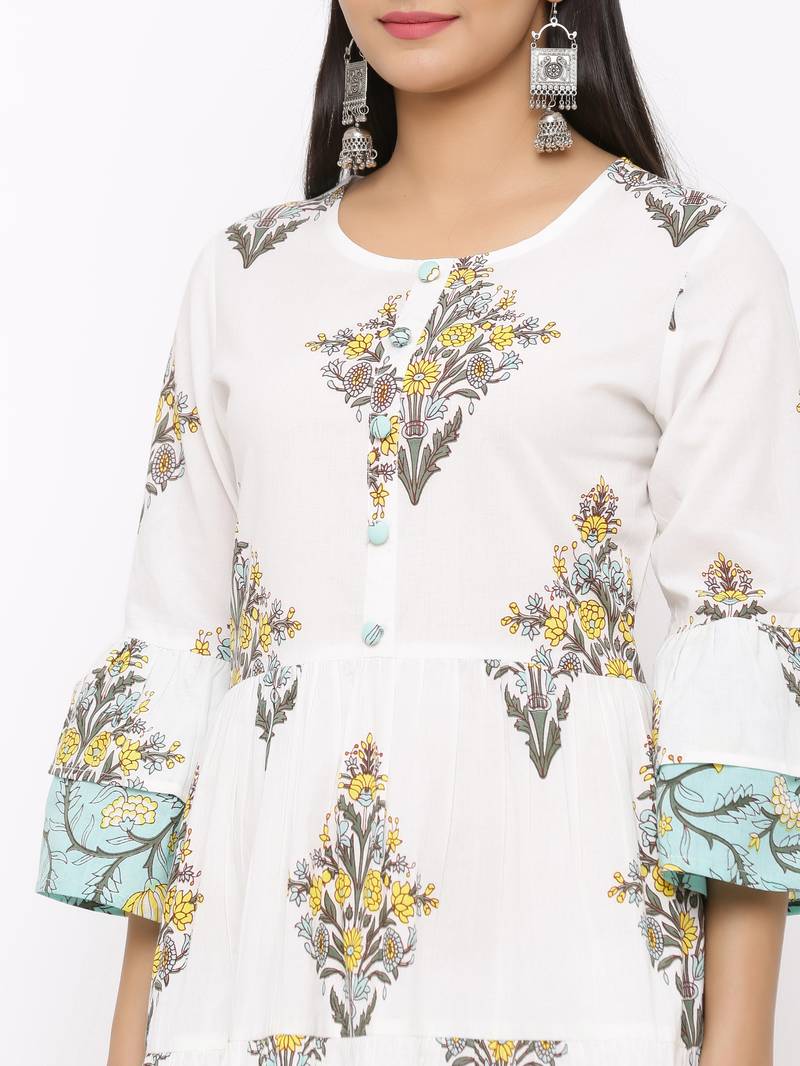 Women's  white Cotton Floral Printed Tired Kurta