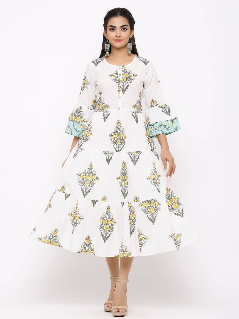 Women's  white Cotton Floral Printed Tired Kurta