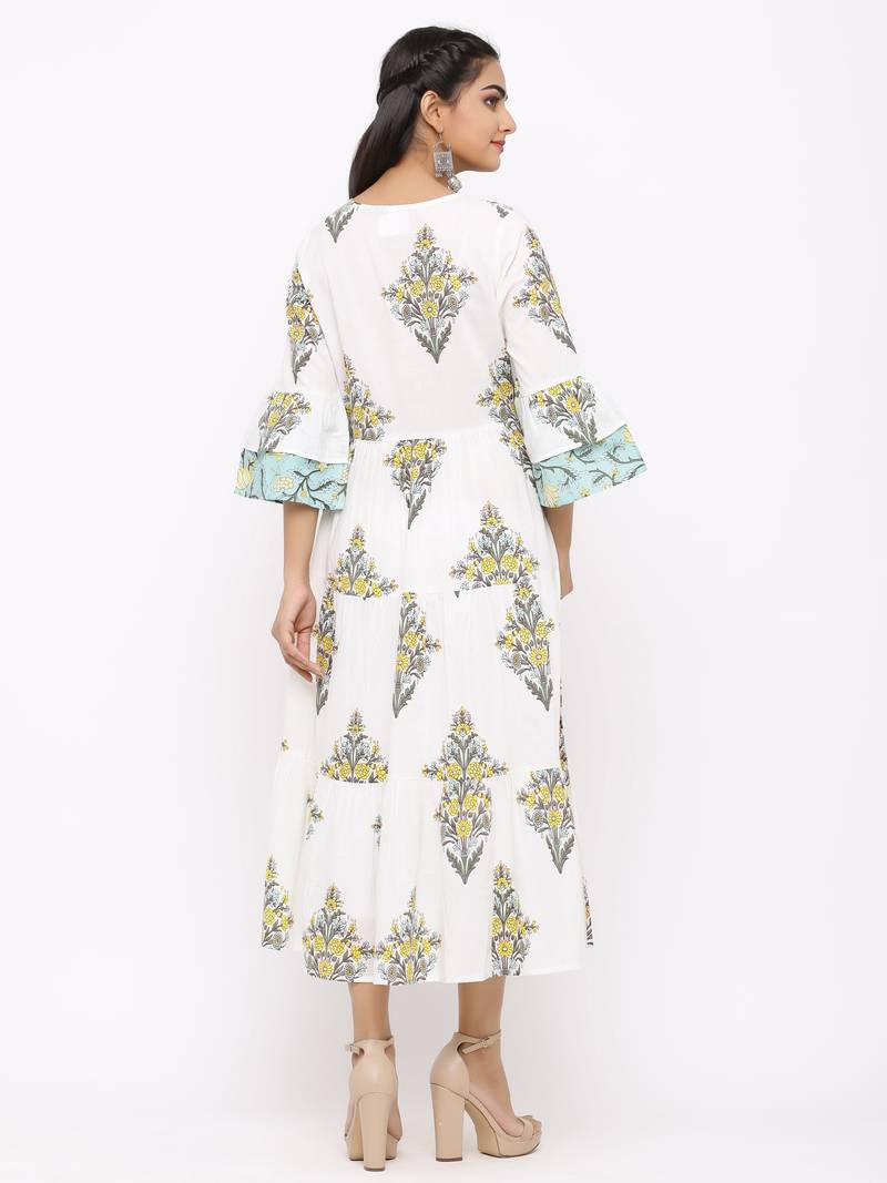 Women's  white Cotton Floral Printed Tired Kurta