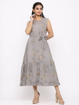 Women's  grey Cotton Floral Printed Tired Kurta 1