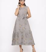 Women's  grey Cotton Floral Printed Tired Kurta