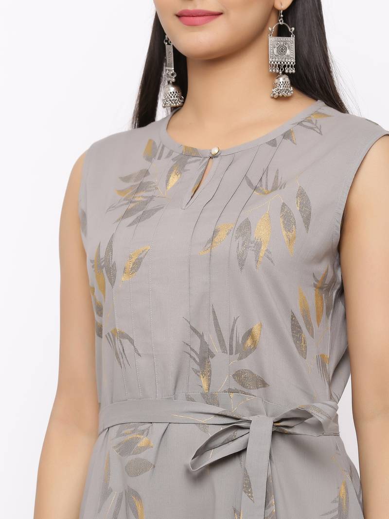 Women's  grey Cotton Floral Printed Tired Kurta