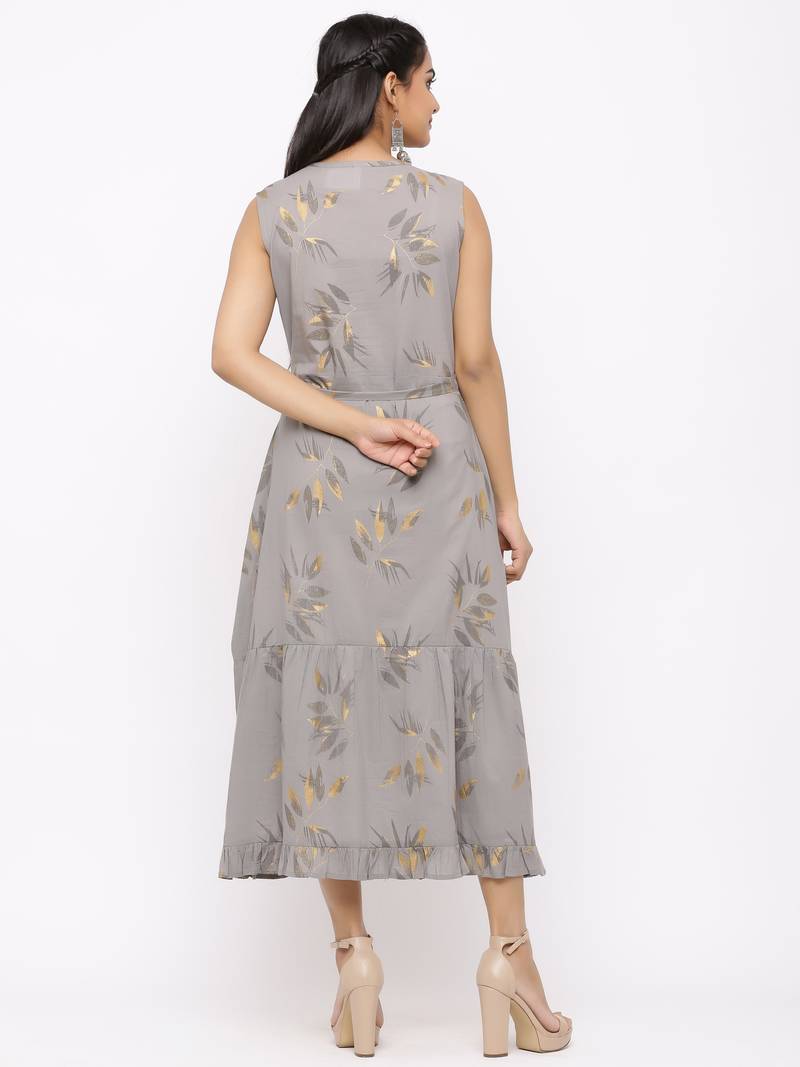 Women's  grey Cotton Floral Printed Tired Kurta