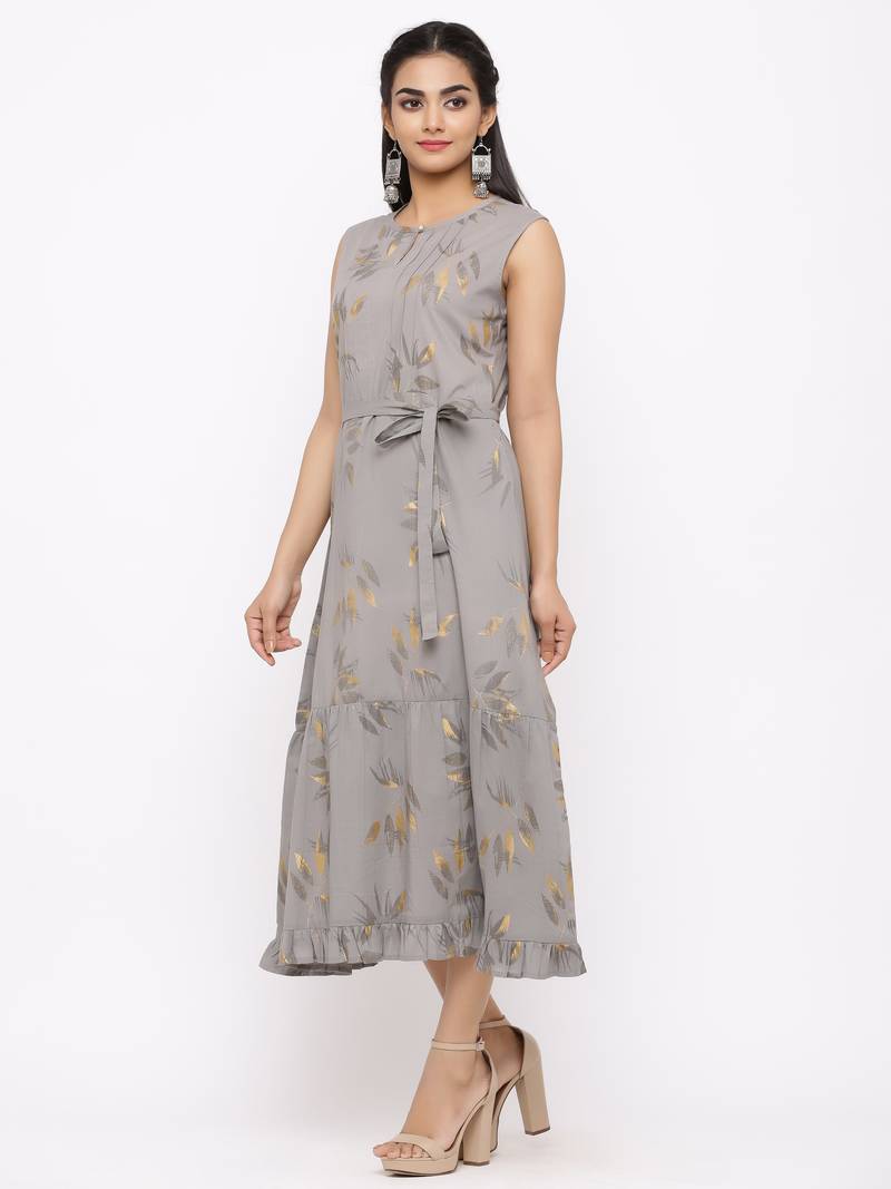 Women's  grey Cotton Floral Printed Tired Kurta